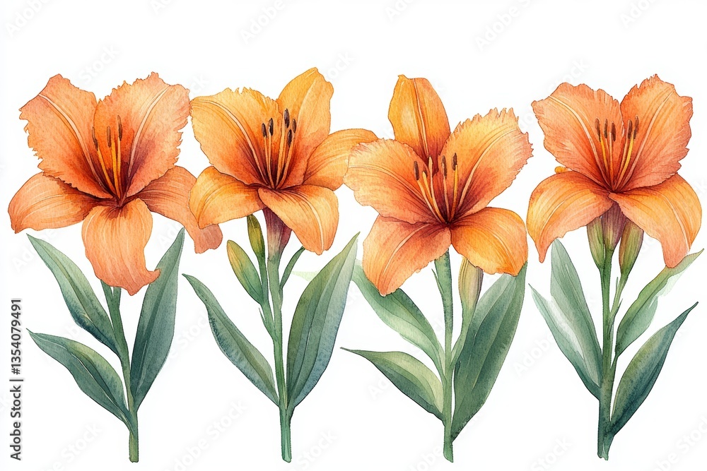 Fototapeta premium Beautiful Watercolor Orange Daylily Flower Illustration Isolated on White Background with Clean Lines