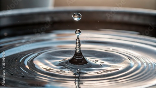 Hydrogen fuel future concept. A droplet of water creates ripples in a calm surface, showcasing fluid dynamics and beauty.