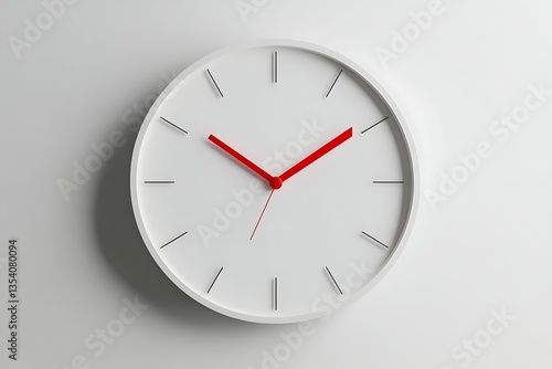 White clock with red hands indicates a time on a plain background, for planning