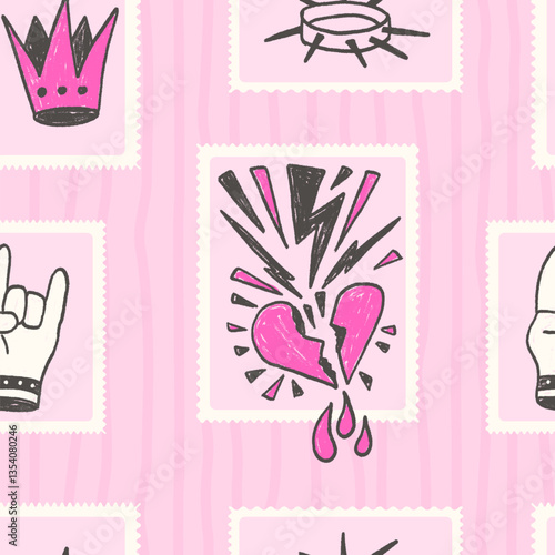 Horns, broken heart postage stamp seamless pattern. Punk rock crown on frame marker endless background. Crayon continuous ornament. Surface pattern design girly motif. Vector hand drawn illustration.