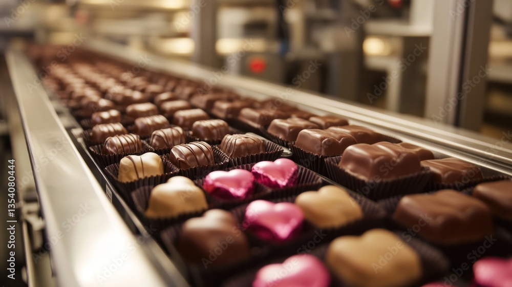 Chocolate candies moving on factory conveyor belt, industrial production line Chocolate candies moving on factory conveyor belt, industrial production line