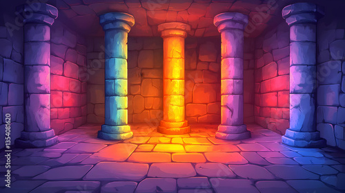 Pixelated Dungeon Room with Stone Pillars Orange Red and Blue Light Hall with Stone Columns and Arched Ceiling