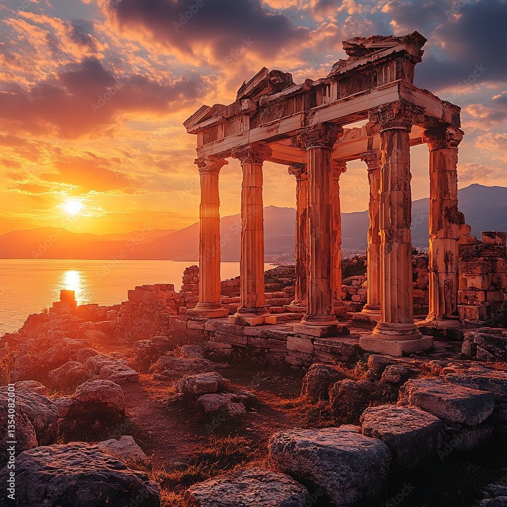 Obraz premium Stunning ruins of ancient Greek temple with sunset high resolution picture