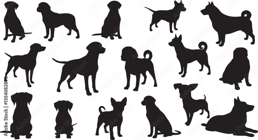 Fototapeta premium Dog Breeds Silhouette Set, Ideal for Pet and Animal Themes - Flat Vector Illustration