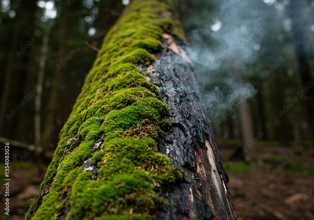 Naklejka premium Moss Covered Burnt Tree Log with Smoke in Forest Environment