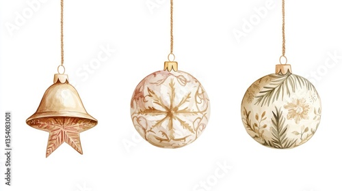 Watercolor Retro Christmas Bell, Star, and Bauble on White and Transparent PNG Background