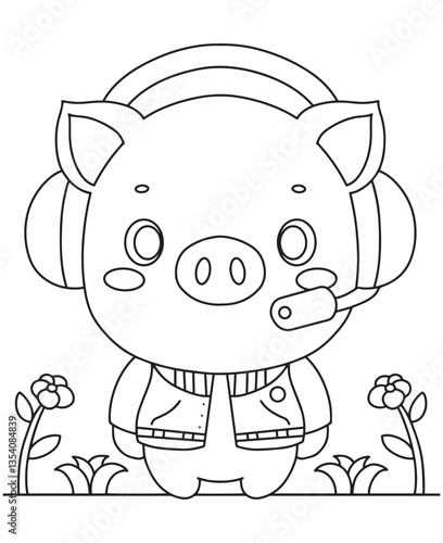 Coloring book Hip pig with headphones and mic. Cool line art for coloring fun