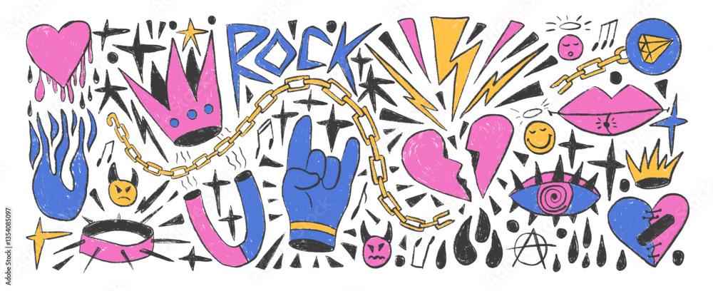 Fototapeta premium Rock and roll girly crayon drawn set. Punk coquette breaking heart doodle background. Scribble grunge poster elements. Broken heart, crown and sketch stars. Vector illustration by pencil isolated.