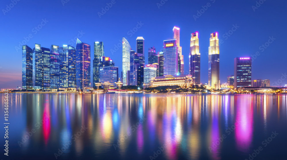 Obraz premium vibrant city skyline at dusk, showcasing illuminated skyscrapers reflecting on water, creating stunning urban landscape