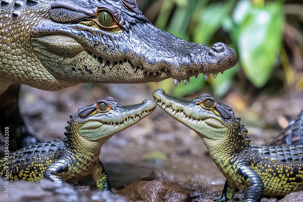 Fototapeta premium Crocodile Family Bonding in Lush Greenery by the Water's Edge. Generative AI