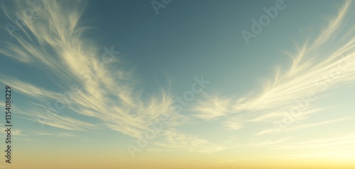 A scenic view of a pastel colored sky with wispy cirrus clouds at golden hour light