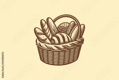 Vintage engraving-style icon of a basket filled with assorted bread