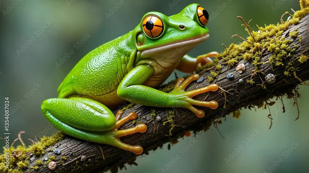 Vibrant Green Frog Perched On Mossy Branch With Orange Eyes Against Soft Focus Rainforest Background Vibrant Green Frog Perched On Mossy Branch With Orange Eyes Against Soft Focus Rainforest Background