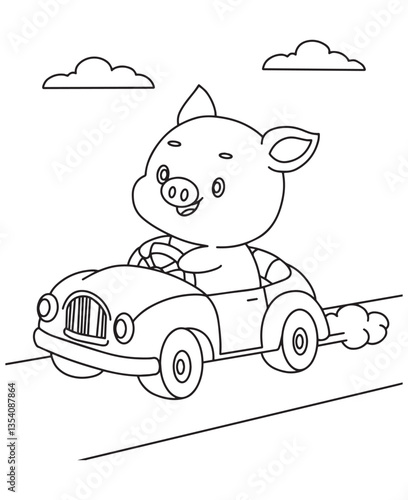 Coloring book pig driving a toy car under fluffy clouds. Whimsical line art for coloring fun