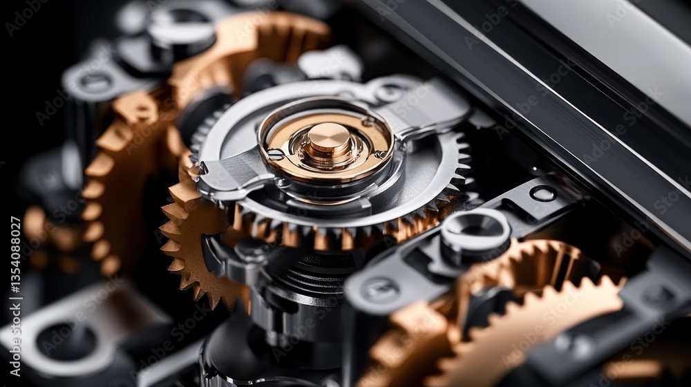 Close-up intricate clockwork gears in motion, precision engineering, detailed mechanism