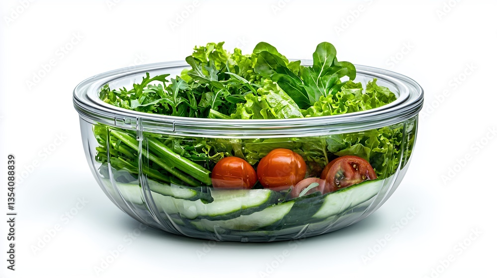 Fresh Green Salad with Cherry Tomatoes and Cucumber in Glass Bowl Fresh Green Salad with Cherry Tomatoes and Cucumber in Glass Bowl
