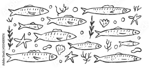 Fishes doodle set. Sardines hand drawn scribble School of fish in the sea. Vector monochrome nautical illustration by pencil isolated on white background. Crayon or chalk naive underwater life.