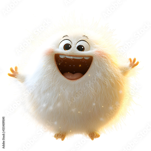 Fluffy White Cartoon Character Jumping Up Isolated on Transparent Background