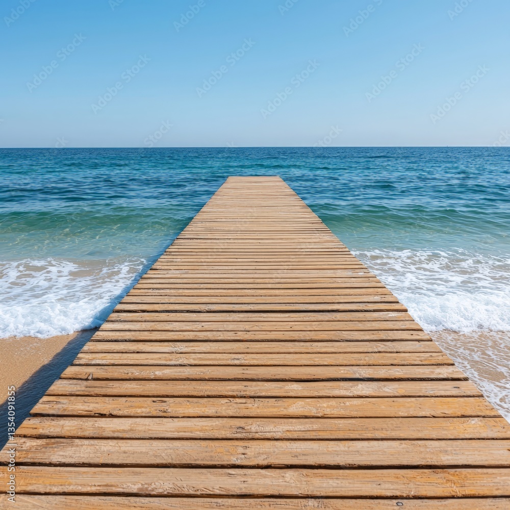 Fototapeta premium Serene Wooden Pier Stretching into Calm Ocean Under Clear Blue Sky
