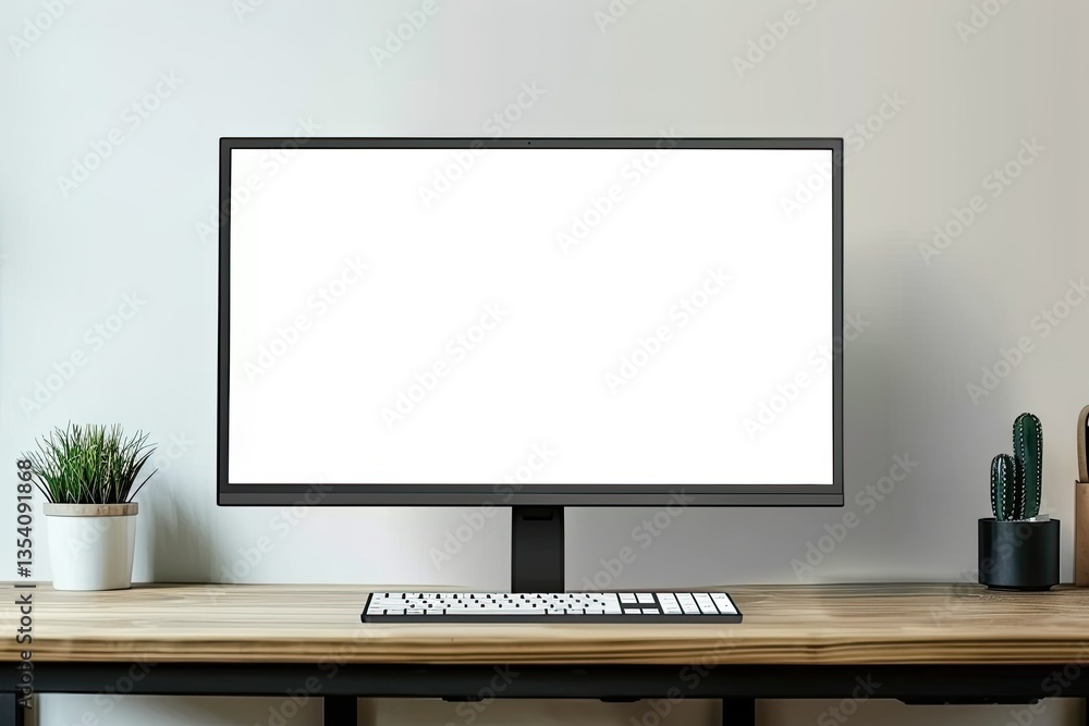 Modern Office Desk Workspace with Pc Computer and Notebook Laptop Mockup Over White Wall Modern Office Desk Workspace with Pc Computer and Notebook Laptop Mockup Over White Wall