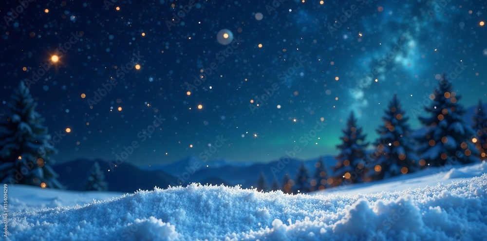 Naklejka premium A serene winter landscape under a starry night sky with snow-covered terrain.