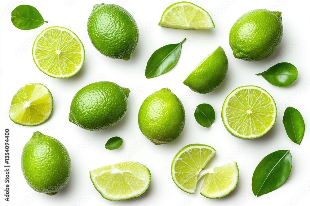 Fresh limes, slices, and leaves arranged on a white background Fresh limes, slices, and leaves arranged on a white background