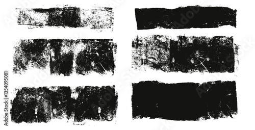 Grunge eroded line textures set. Ink roller background. Vintage rectangles imprint. Dry black brayer straight striped on white background. Painted relief stains. Vector lino eroded wide dirty form.