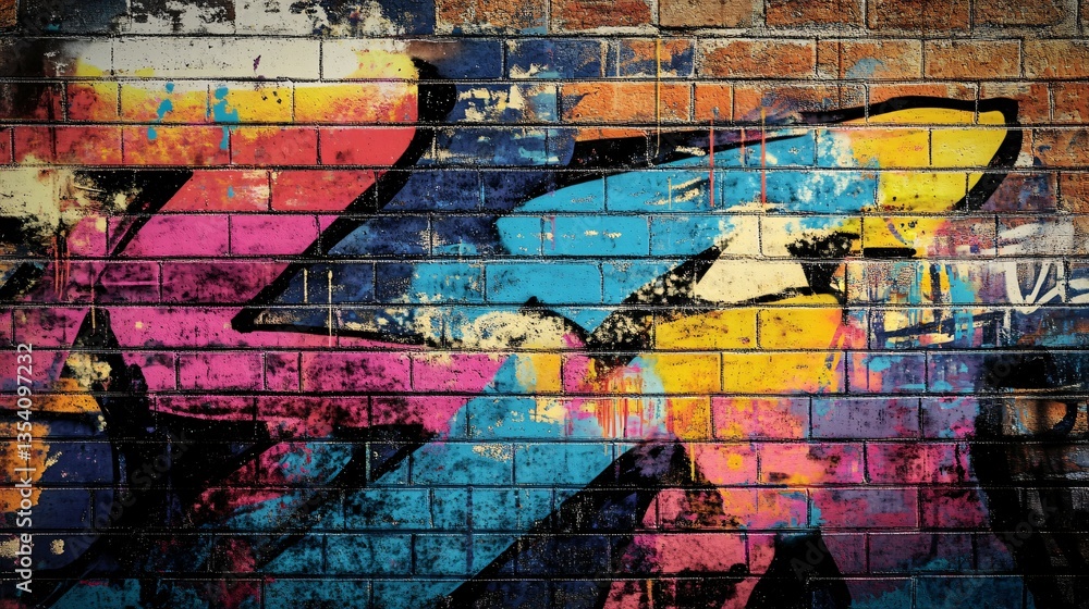 Colorful abstract graffiti art painted upon an old brick wall Colorful abstract graffiti art painted upon an old brick wall