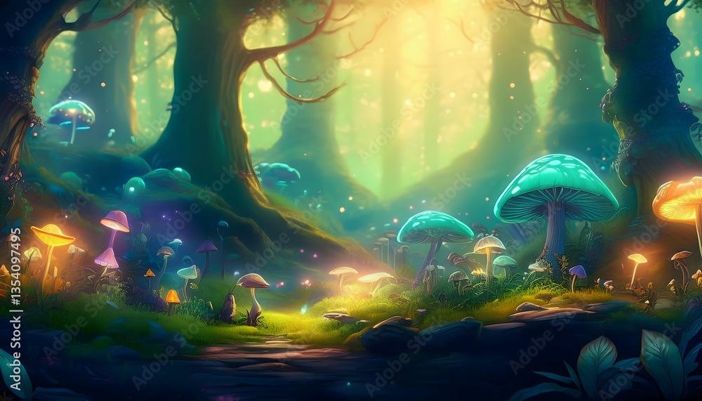 Fototapeta premium Glowing mushrooms growing in magical enchanted forest during spring