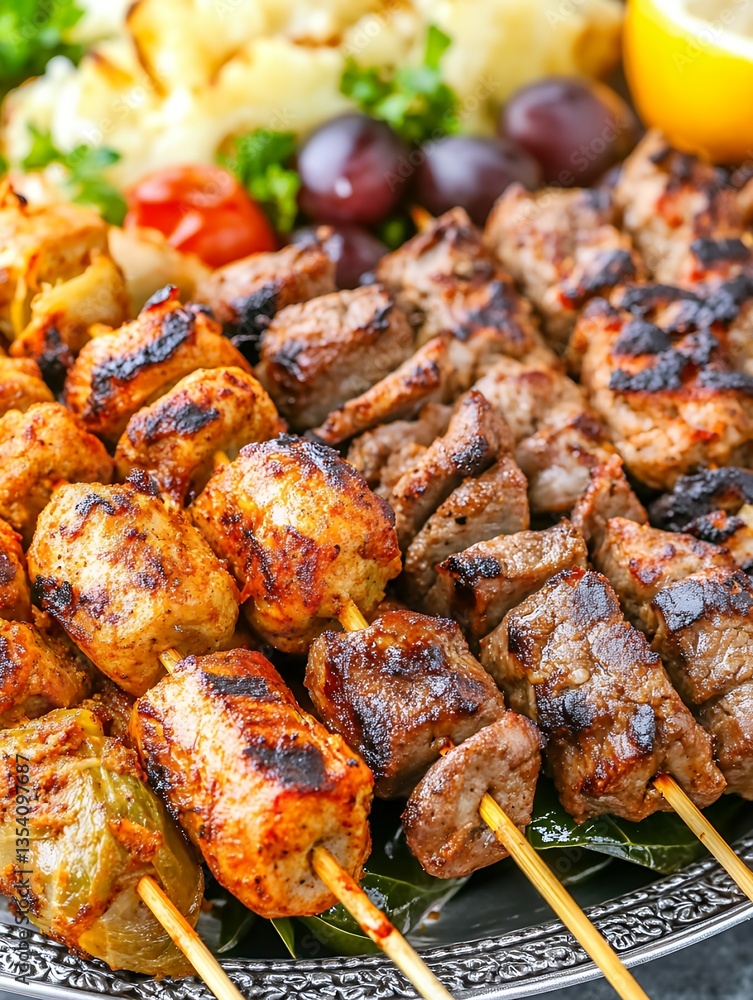 Close up view of grilled meat skewers with sides on a decorative silver platter plate Close up view of grilled meat skewers with sides on a decorative silver platter plate