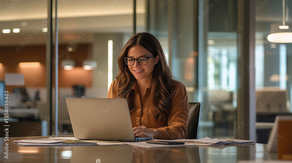 Fototapeta premium Professional woman working on a laptop in a bright, modern office with glass walls and organized workspace elements