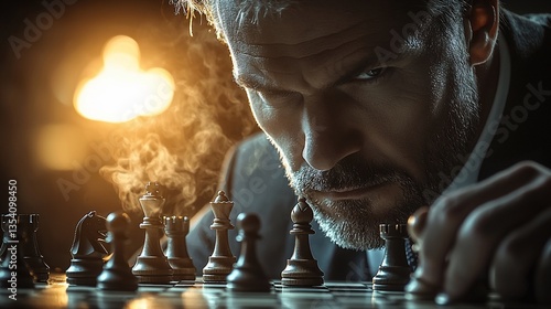 Intense man playing chess, strategic game, serious face, close-up.