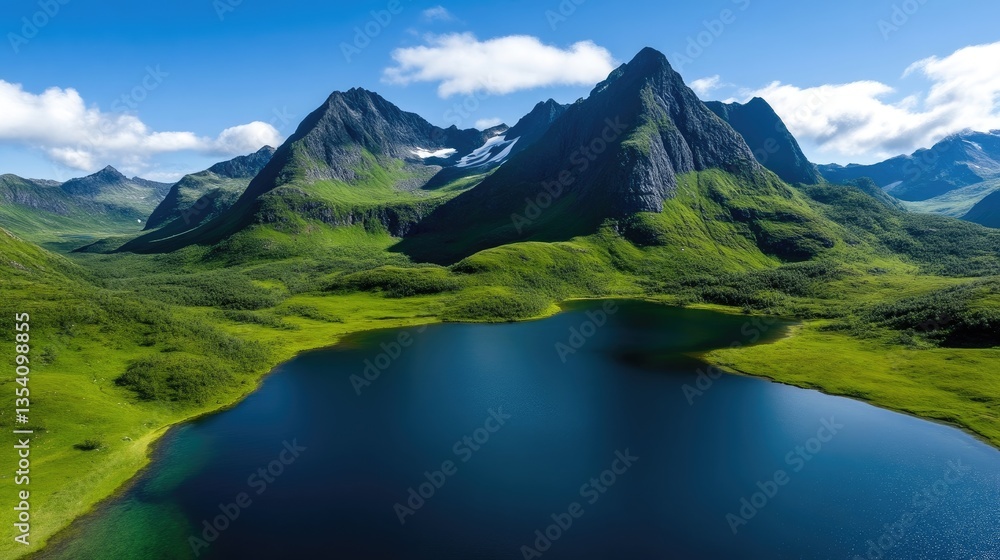 Fototapeta premium Serene alpine lake nestled amongst majestic mountains. Lush green valleys and vibrant blue water create a breathtaking landscape