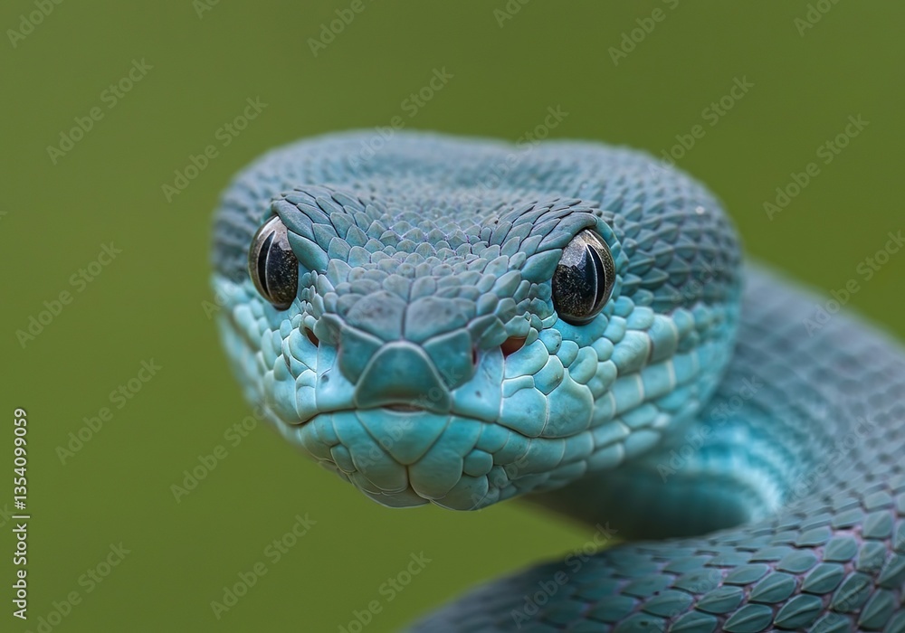 Fototapeta premium Striking Close-Up of a Blue Viper Snake – Vibrant Scales and Hypnotic Eyes