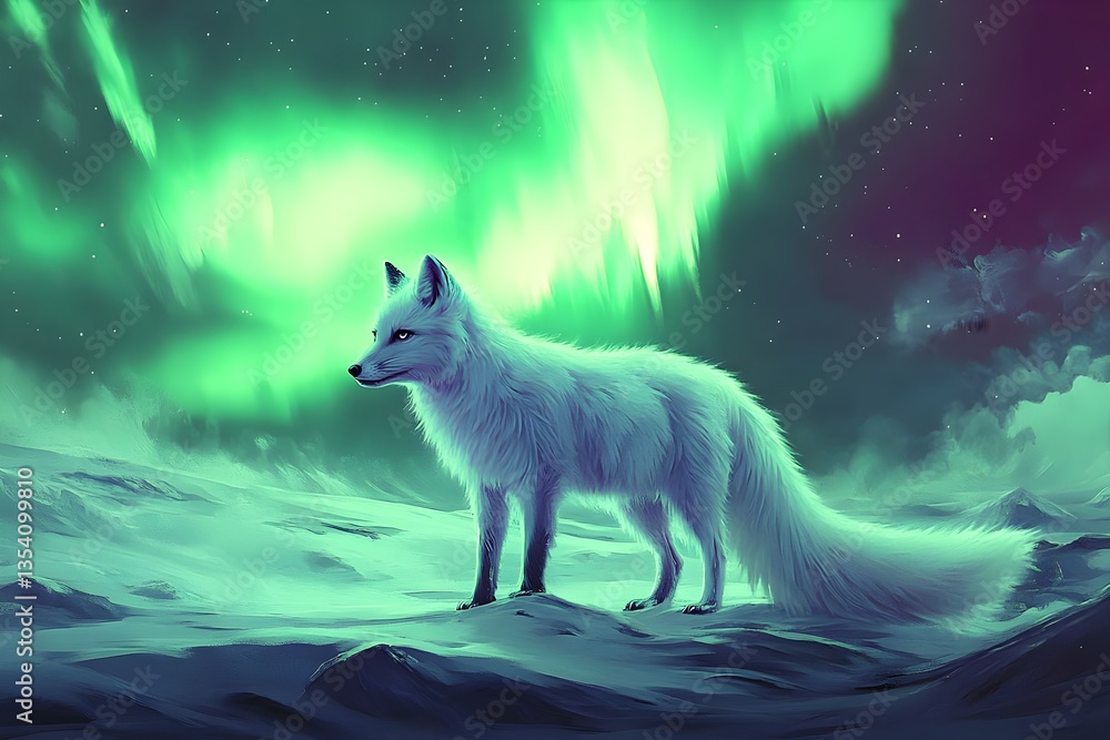 A hauntingly beautiful scene of a lone arctic fox standing on a frozen tundra, with the aurora borealis painting the night sky in vibrant greens and purples A hauntingly beautiful scene of a lone arctic fox standing on a frozen tundra, with the aurora borealis painting the night sky in vibrant greens and purples