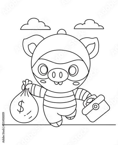 Coloring book Pig with money bag A fun coloring page for kids, perfect for a pretend play