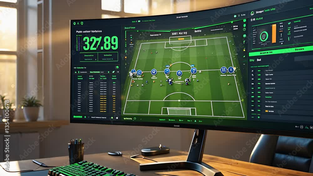 Wideo Stock: Modern desktop with ultra-wide monitor displaying soccer ...