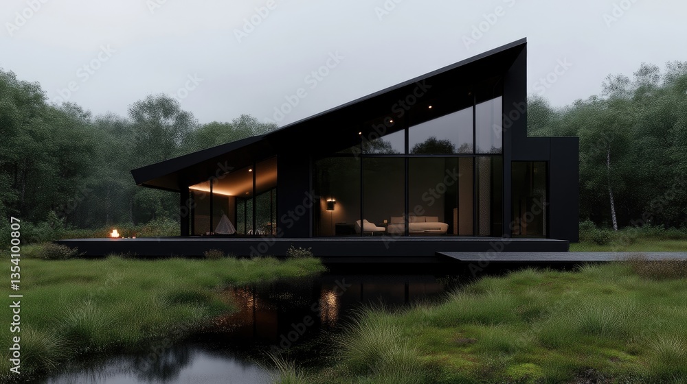Modern, dark, minimalist house nestled in a tranquil forest setting, overlooking a serene water body. Expansive glass windows offer panoramic views. Exterior and interior are sleek and sophisticated Modern, dark, minimalist house nestled in a tranquil forest setting, overlooking a serene water body. Expansive glass windows offer panoramic views. Exterior and interior are sleek and sophisticated
