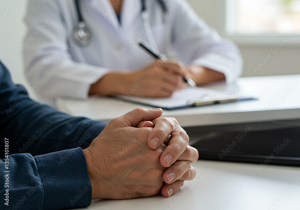 Fototapeta premium Mature patient listens to his doctor, who is taking notes, during a medical consultation.