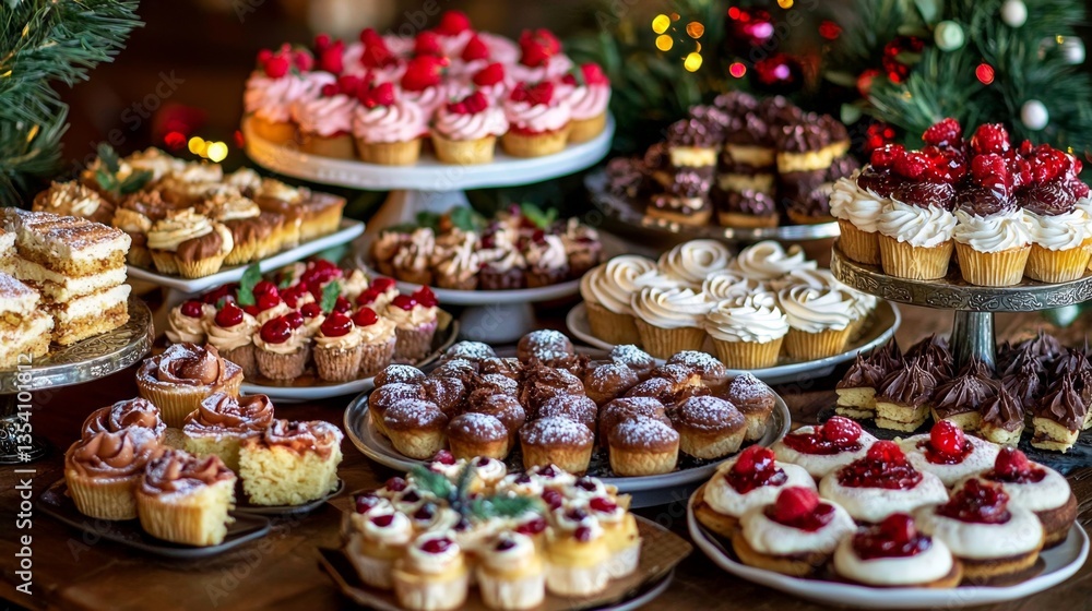An enticing selection of cakes and desserts set on a table. An enticing selection of cakes and desserts set on a table.