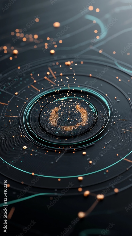 Obraz premium A vibrant abstract creation with concentric circles and shimmering dots radiating from the center, blending technology and creativity in a dark setting