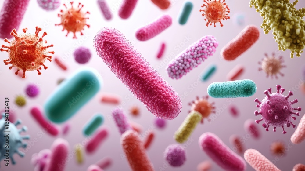 A Vibrant Close-Up Illustration of Colorful Bacteria and Viruses Floating on a Soft Background Depicting an Intricate Microscopic World of Life A Vibrant Close-Up Illustration of Colorful Bacteria and Viruses Floating on a Soft Background Depicting an Intricate Microscopic World of Life