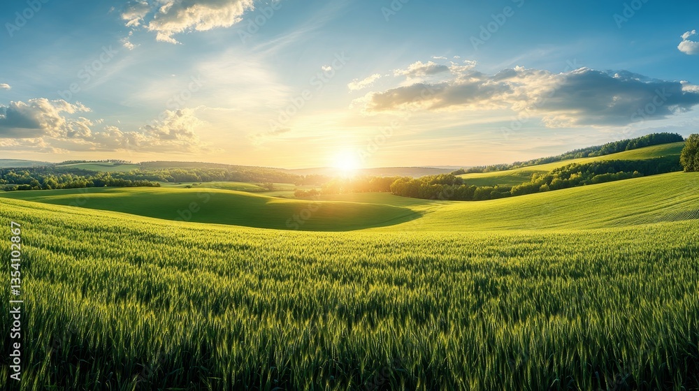 Stunning panoramic view showcasing vast green fields illuminated by bright, radiant sunlight Stunning panoramic view showcasing vast green fields illuminated by bright, radiant sunlight