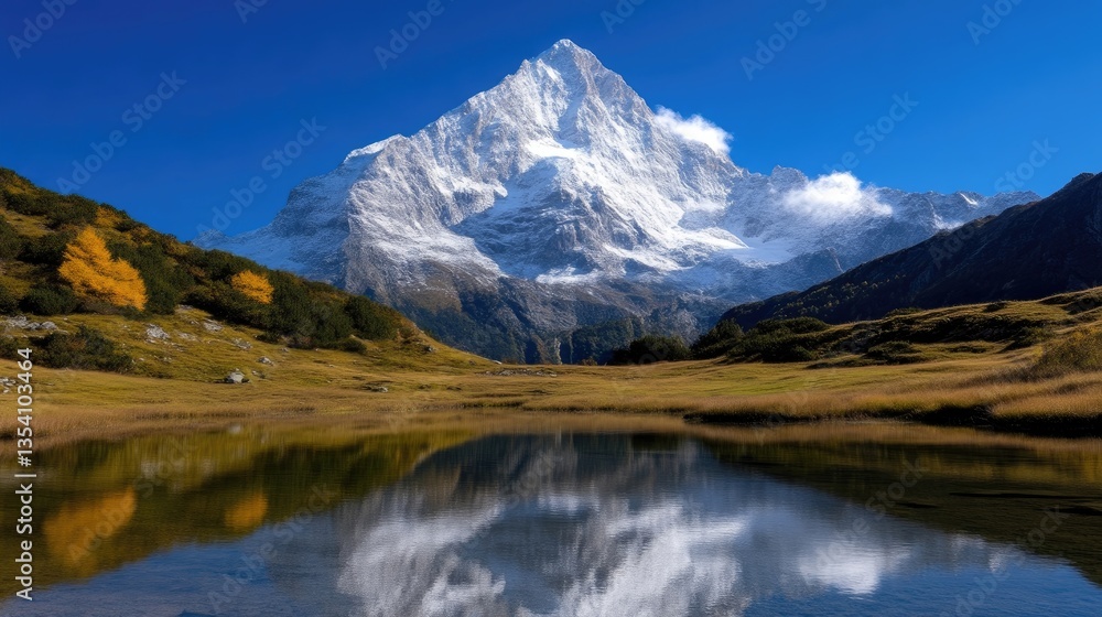 Majestic mountain reflecting in a tranquil lake. Autumnal colors paint the valley Majestic mountain reflecting in a tranquil lake. Autumnal colors paint the valley