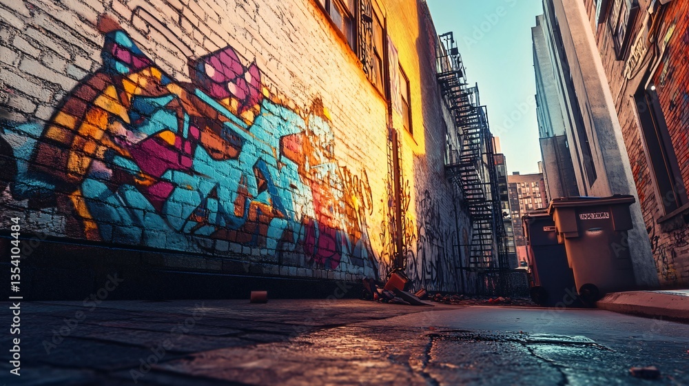 Fototapeta premium A colorful graffiti art mural on a brick wall in an alley