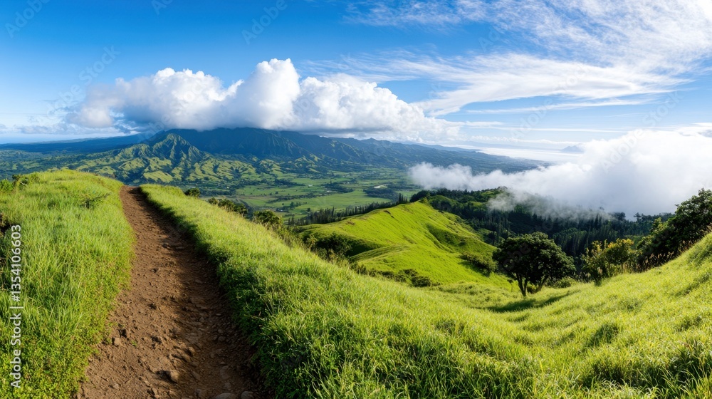 Obraz premium Panoramic View of Lush Green Valley with Winding Trail under Blue Sky