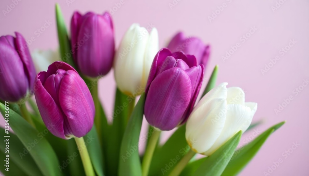 Fototapeta premium Bouquet of assorted purple and white tulips, fresh flowers arrangement, arrangement, white