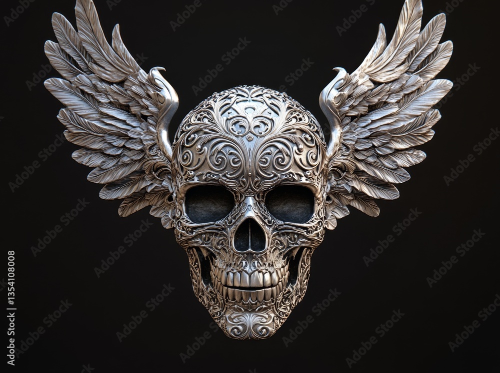 A silver skull with wings on a black background A silver skull with wings on a black background