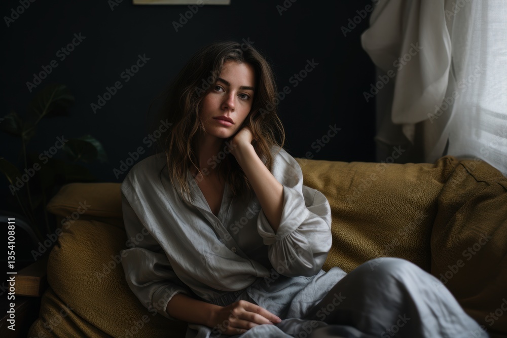 Obraz premium A woman is sitting on a couch with her arms crossed