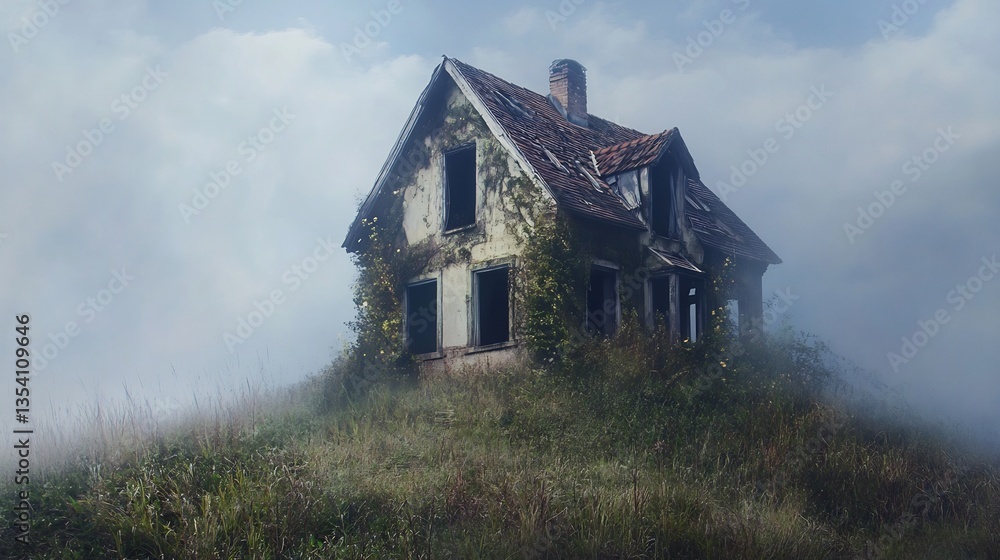 Fototapeta premium Enigmatic Abandoned House Shrouded in Mist
